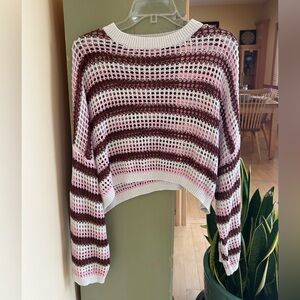 Les Soeurs Women’s Crochet Striped Crewneck Cropped Top Ivory/Pink/Brown Sz M/L